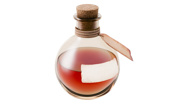 Glass bottle with red liquid and cork stopper isolated on transparent background for png graphic design use