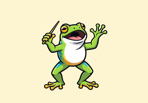 Cartoon green tree frog holding microphone singing joyfully