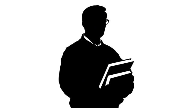 Silhouette of a man wearing glasses and holding two books, standing against a white background. The man is dressed in a collared shirt and a sweater