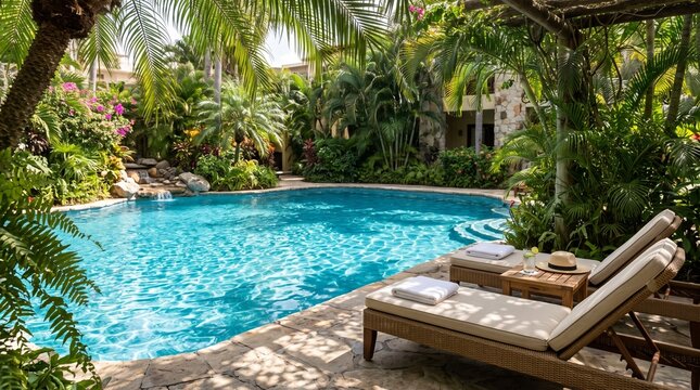 Sun loungers beside freeform swimming pool surrounded by tropical palm garden