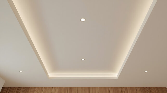 Modern false ceiling design with recessed spotlights and warm ambient cove lighting.