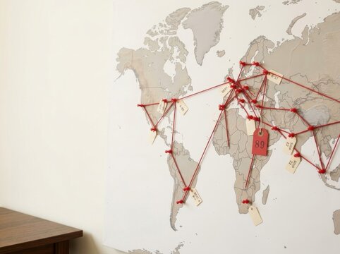 World map on white wall with red pins and string connecting global locations for logistics and supply chain planning with paper tags and number eighty-nine.