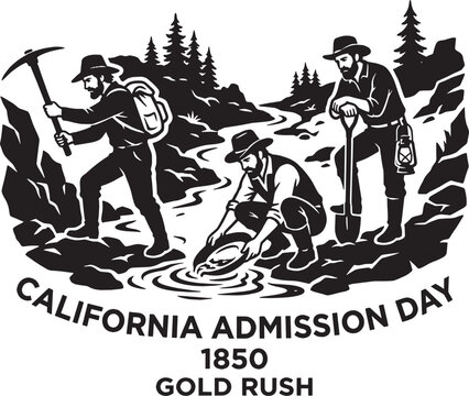 California gold rush miners searching for gold in a river 1850 illustration Vector