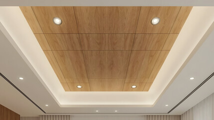 Obraz premium Modern false ceiling design with wooden panels and recessed lighting creating a warm interior ambiance.