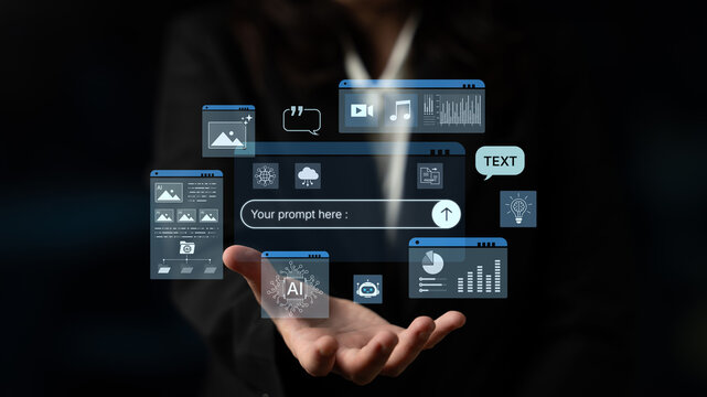 Prompt driven AI interface enabling text, image vision, audio and media video data neural asset and tool in smart creation chat workspace edit. Future NLP AI native visual reasoning omni model. Corpus