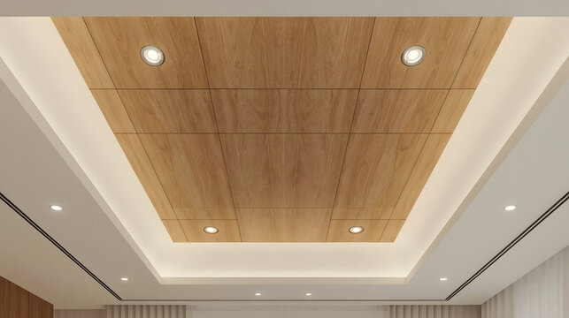 Modern false ceiling design with wooden panels and recessed lighting creating a warm interior ambiance.
