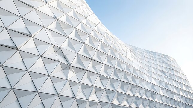 Modern geometric glass building facade. Futuristic architectural design with triangular panels.