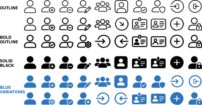 Professional set of diverse user interface icons featuring social people profile symbols and security elements presented as a clean vector graphic illustration on transparent background