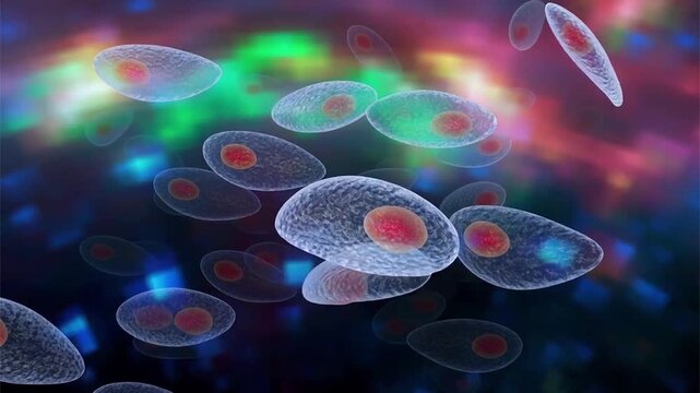 Toxoplasma gondii tachyzoites, 3D animation of crescent-shaped intracellular protozoan parasites with apical complex, causative agent of toxoplasmosis in humans and animals.