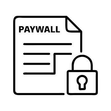 Paywall document with locked padlock icon - Simple black and white icon showing a document labeled 'PAYWALL' secured with a locked padlock symbol for subscription or access restriction.