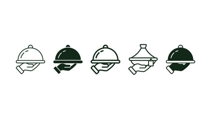 Fototapeta premium Five different colored waiter hand with platter icon in various styles and colors side by side