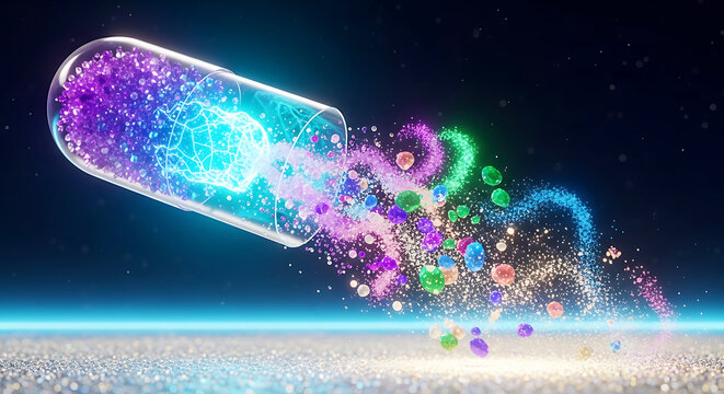 Glowing capsule releasing colorful particles and energy on dark background pill medicine health science