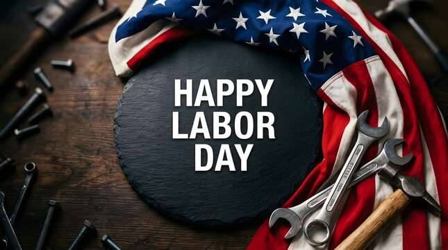 Happy labor day greeting with american flag and various metal construction tools on a rustic wooden background