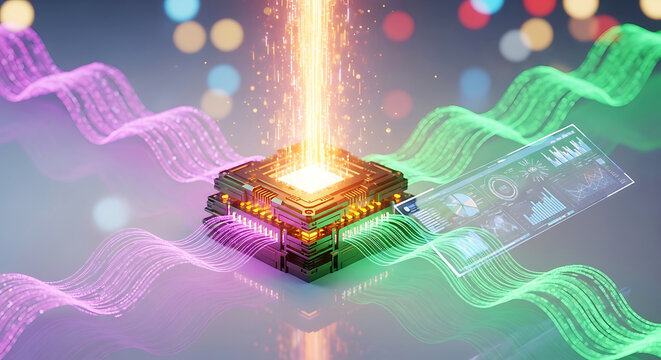 Glowing central processor with data streams and bokeh lights technology chip circuit