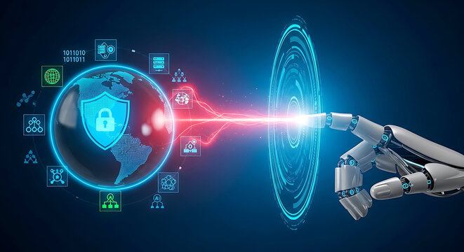 Robot hand interacts with glowing digital portal near secure globe