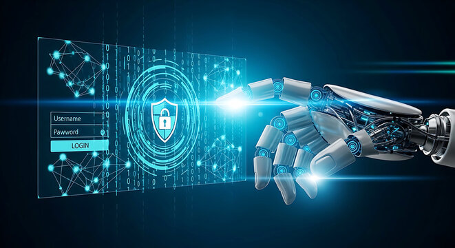 Robot hand interacting with digital security interface with lock