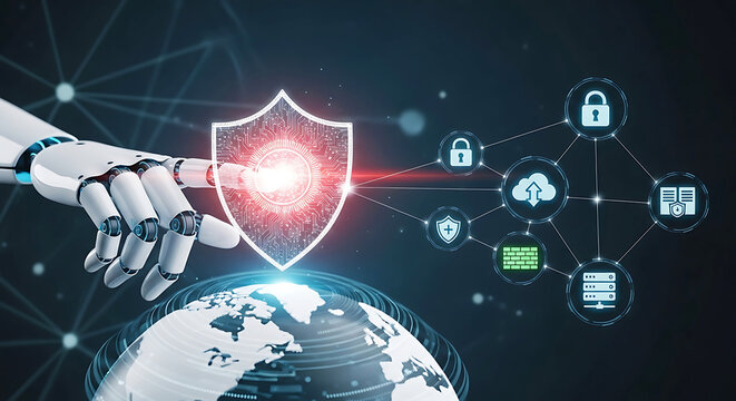Robot hand touches glowing shield over digital earth network security artificial intelligence technology
