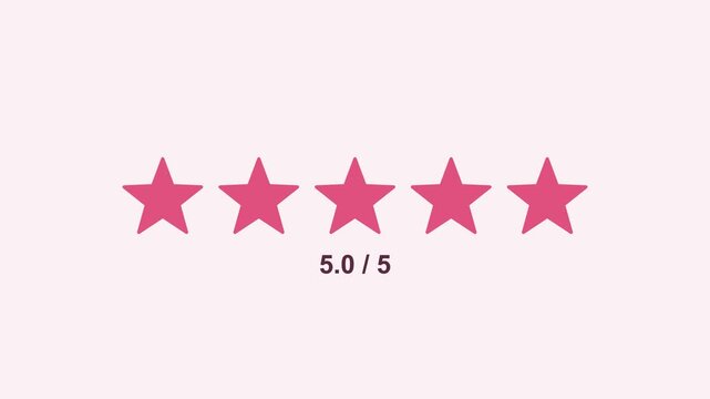 animated five star rating filling up with a score, rose pink color scheme