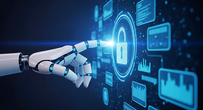 Robot hand touching glowing digital padlock on futuristic data screen finger pointing