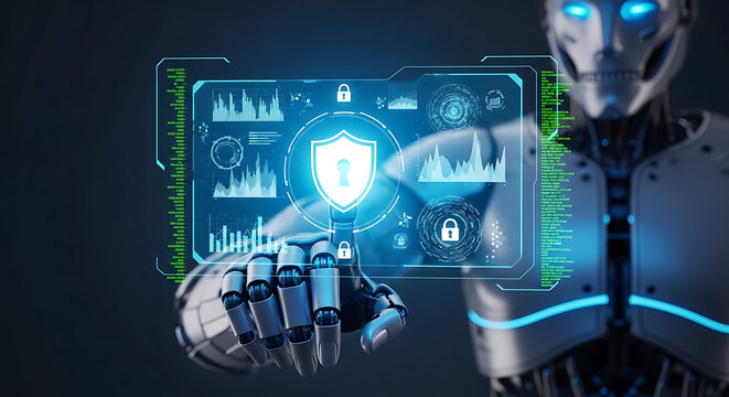 Robot hand touching glowing digital security shield with data graphs