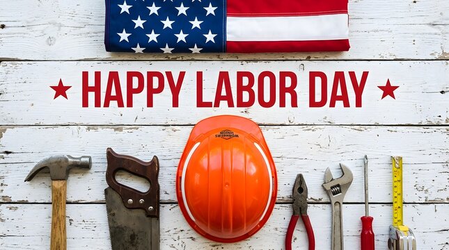 Happy labor day greeting with american flag construction hard hat and various tools on white wooden background
