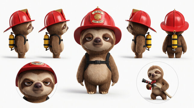Cute 3D Baby Sloth Firefighter Character Model Sheet and Turnaround Views