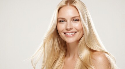 Naklejka premium Young happy blonde woman with long healthy hair smiles at camera. Female person shows clean glowing facial skin perfect white teeth natural make up style. Beautiful lady enjoys beauty session in pro