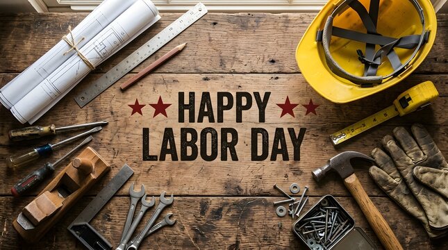 Happy labor day greeting with construction tools and safety equipment arranged on a rustic wooden background