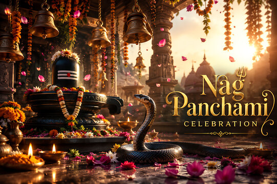 Happy Nag Panchami Festival Celebration with Lord Shiva, Sacred Cobra and Traditional Indian Decorations