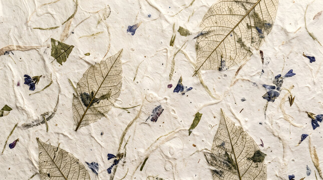 Handmade paper background with embedded leaf skeletons and dried blue flower petals featuring delicate organic textures and cream colored artisanal botanical paper surface.
