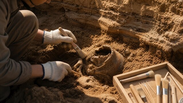 Archaeological Dig: An archaeologist carefully excavates an ancient artifact, likely a pot, from layers of sand and soil, revealing the delicate process of historical discovery.