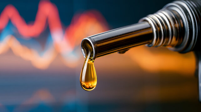 Closeup of a fuel nozzle dripping oil with a stock market chart in the background