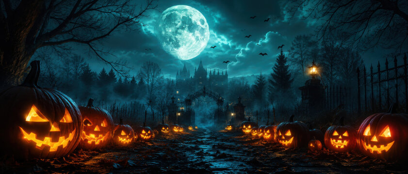 A Halloween scene with a large moon in the background and bats flying around