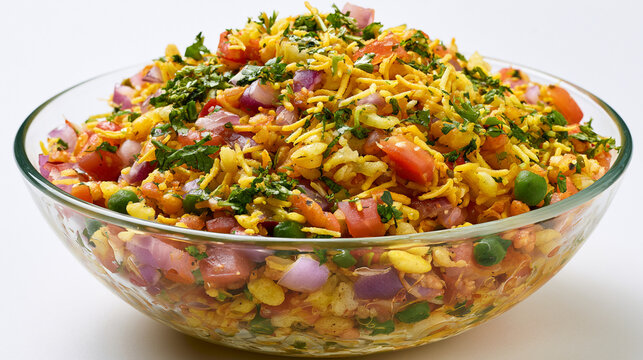 Bhel puri, a popular indian street food snack made with puffed rice, vegetables, and tangy chutneys, isolated on white background