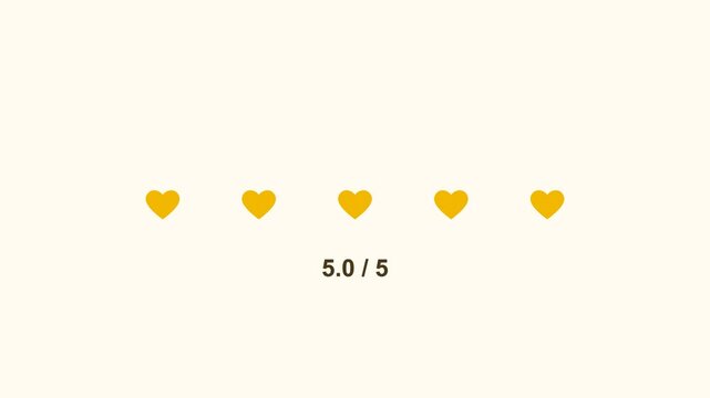 animated five heart rating filling up, gold color scheme