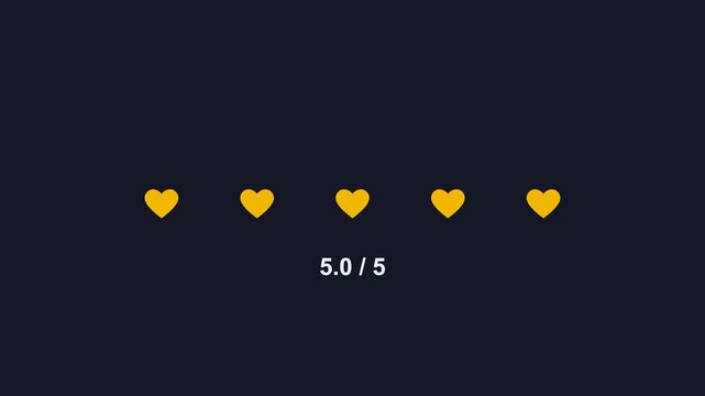 animated five heart rating filling up, dark color scheme