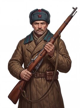Soviet soldier from 1917 Russian Revolution poised with rifle in historical attire