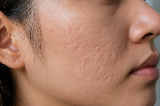 Close up of acne scars on cheek dermatology concept