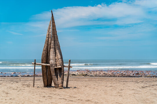 Traditional Caballito de Totora Reed Boat on Huanchaco Beach