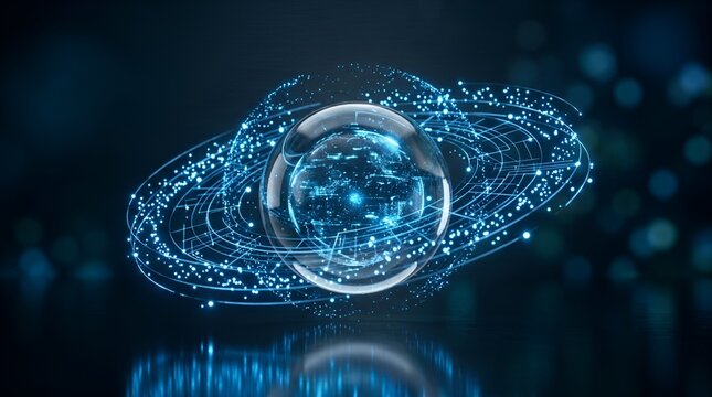 Futuristic digital sphere with glowing blue data rings, abstract technology globe concept, high-tech network visualization for cyber security and AI