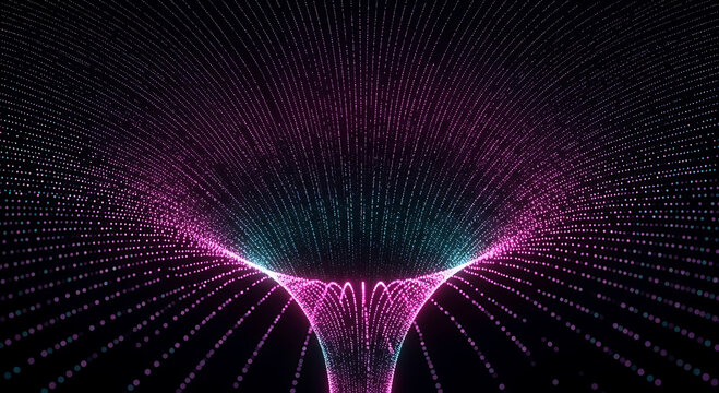 Abstract glowing pink and teal particle funnel vortex on black background