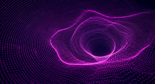 Abstract purple glowing particle tunnel vortex on dark background desig