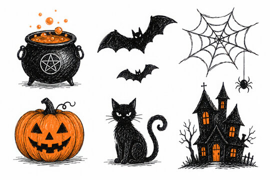 Halloween symbols hand drawn illustrations