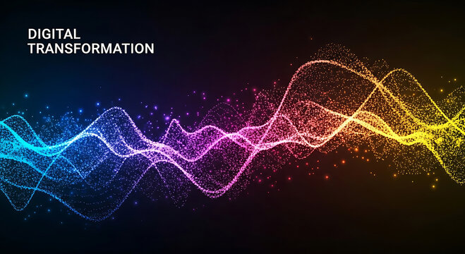 Digital transformation wave of glowing particles in blue pink and yellow