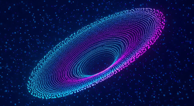 Elliptical vortex of glowing blue and pink particles in dark space abstract background bright circle