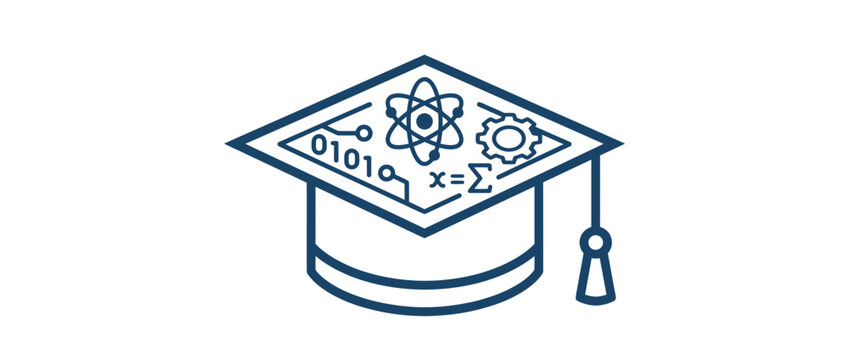 STEM Education Icon Featuring Graduation Cap with Science Technology Engineering and Mathematics Symbols