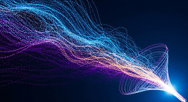 Flowing trails of blue and purple light particles on dark background abstract