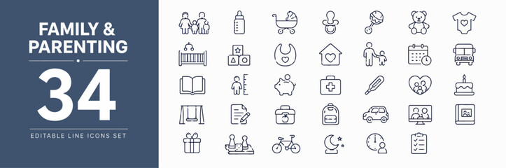 Fototapeta premium Modern outline icons collection for family and parenting, including baby essentials, childcare, home life, and everyday activities in a clean linear design
