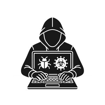 Hacker types on a laptop keyboard with screen icons showing a software bug and a virus.