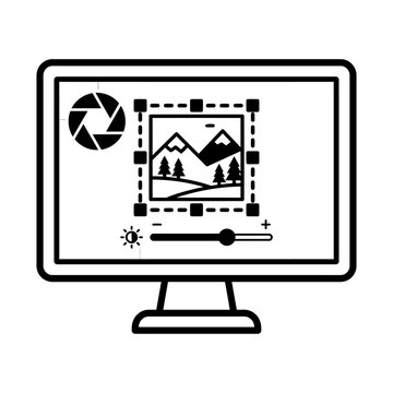 Desktop computer screen displays image editing software featuring a crop tool and brightness adjustment slider for graphic designers.